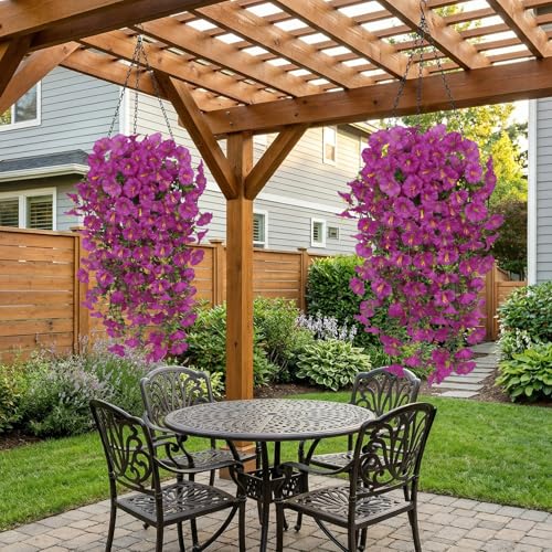 6PCS Artificial Hanging Flowers Fake Plants Outdoor, Silk Morning Glory Faux Flowers with Eucalyptus UV Resistant Realistic Hanging Petunias Plants for Basket Home Garden Decor (Hot Pink) - color: Hot Pink