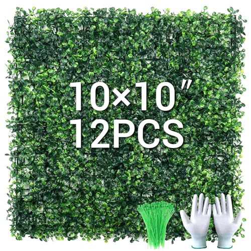 12Pcs 10” x 10” Grass Wall Panels, Artificial Greenery Backdrop Boxwood Panels with 50 Zip Ties, Anti-UV Fake Grass Decor for Indoor Outdoor Privacy Wall Garden Party (Green-12P) - color: Green-12P
