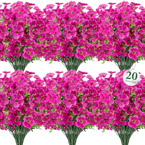 20 Bundles Artificial Flowers for Outdoors, Fake Violet Flowers Silk Realistic UV Resistant Faux Artificial Plants Outdoors for Window Box Garden Patio Front Porch Home Indoor Outside Decorations - color: Fuchsia
