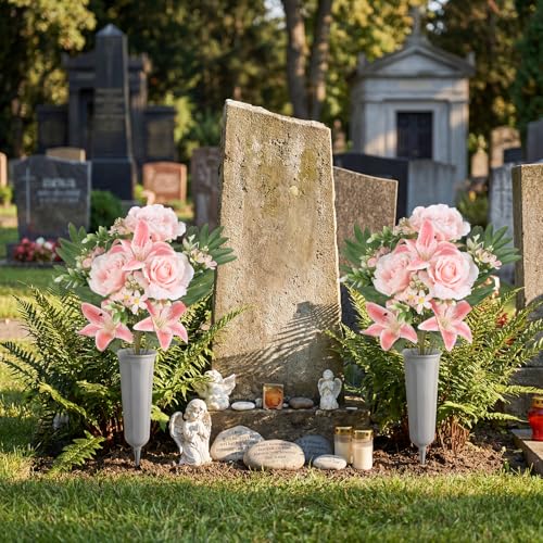 2Sets Artificial Cemetery Flowers with Cemetery Vase Pink Artificial Rose Lily Graveyard Memorial Bouquets for Memorial Day Outdoor Grave Cemetery Headstones Decorations (Pink) - color: Pink