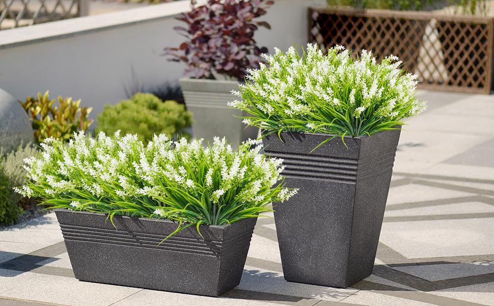 obbsie 12 Bundles Artificial Plants Outdoor, 18.2" UV Resistant Faux Monkey Grass Greenery Stems No Fade Faux Plastic Flowers Shrubs for Home Weddings Garden Porch Front Patio Office Decor- White - color: White, size: 12 Pcs