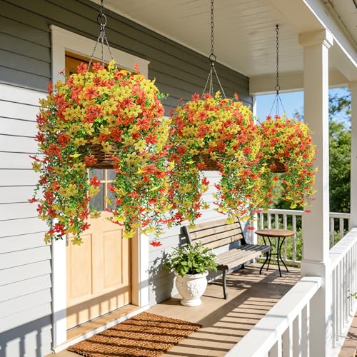 Roberly 4 Pcs Artificial Hanging Flowers for Outdoors, Realistic Faux Silk Flowers UV Resistant Fake Greenery Plants for Spring Summer Garden Porch Indoor Outdoor Home Decor, Orange Yellow - color: Orange Yellow