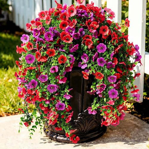 Suncalla 4 Pcs 30In Artificial Hanging Flowers for Outdoor Planter 156 Branches Trailing Faux Potted Plant Fake Floral UV & Fading Resistant for Wedding Patio Spring Summer Decor(Red, Purple) - color: Red, Purple