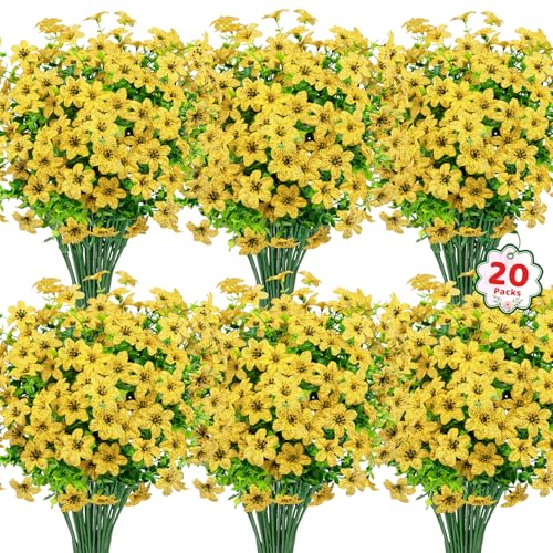 20 Bundles Artificial Flowers for Outdoors, Fake Silk Flowers UV Resistant Faux Realistic Plastic Plants for Spring Summer Porch Patio Garden Planter Window Box Home Decor, Yellow - color: Yellow