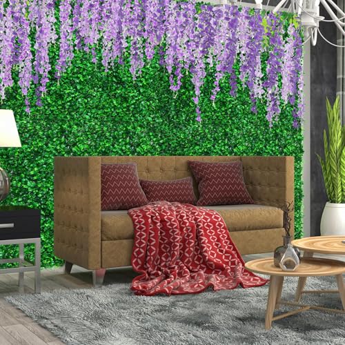 54 Pack Greenery Backdrop with Flowers Include 18 Pcs 16" x 24" Grass Wall Panels Artificial Hedge Boxwood Panels 36 Pcs 3.6 Feet Wisteria Hanging Flowers Garland for Wedding Summer(Purple) - color: Purple