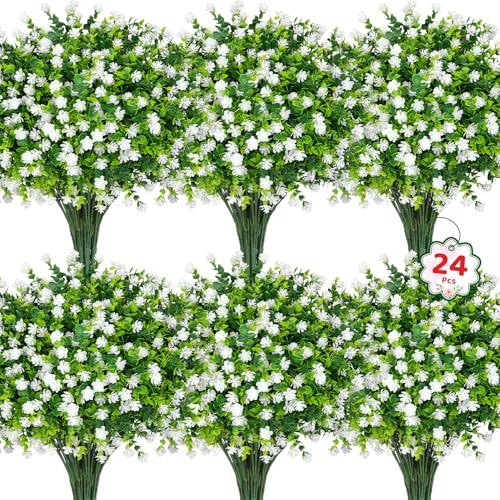 Roberly 24 Bundles Artificial Flowers for Outdoors, UV Resistant Eucalyptus Fake Flowers Shrubs Greenery Plastic Plants for Garden Porch Window Box Farmhouse Indoor Home Decor, White - color: White