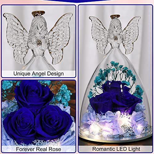 Mothers Day Rose Gifts for Women Preserved Real Flower in Glass Angel Figurines Roses for Delivery Prime Birthday Gifts for Mom Grandma Girlfriend Wife Her, Dark Blue - color: Dark Blue