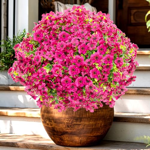 AXYLEX Artificial Flowers for Outdoors, 16 Bundles Fake Plants (Red) | UV resistant faux plastic flowers, no fade artificial greenery – garden, patio, porch & home - color: Red