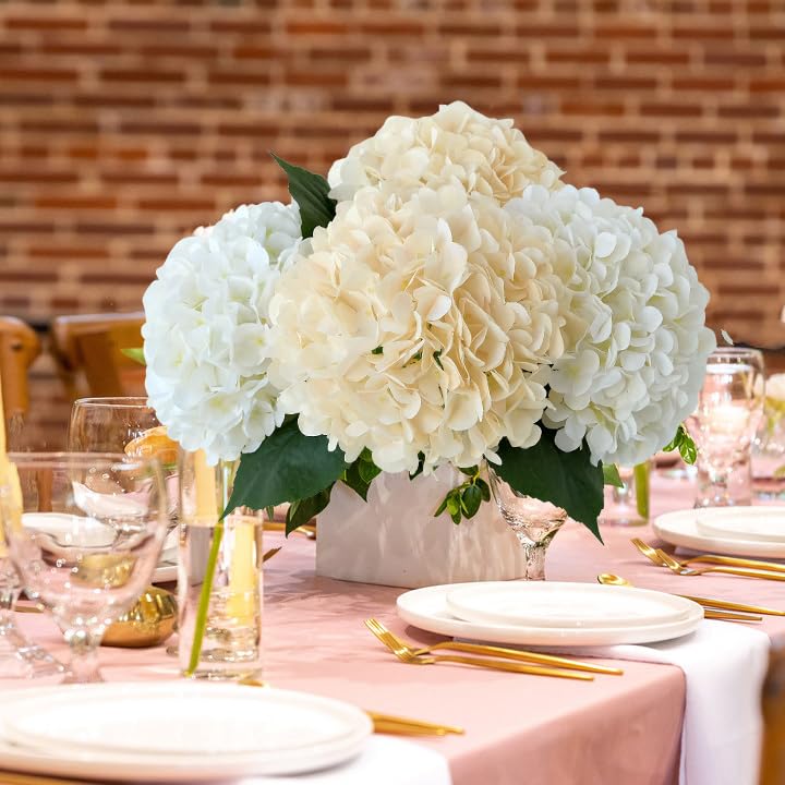JINWOE Boho Silk Hydrangea Artificial Flowers, 4Pcs 22" Large Lifelike Flowers,Artificial Hydrangeas for Indoor Bouquet Table Centerpieces Home（Cream/Yellow） - color: Cream