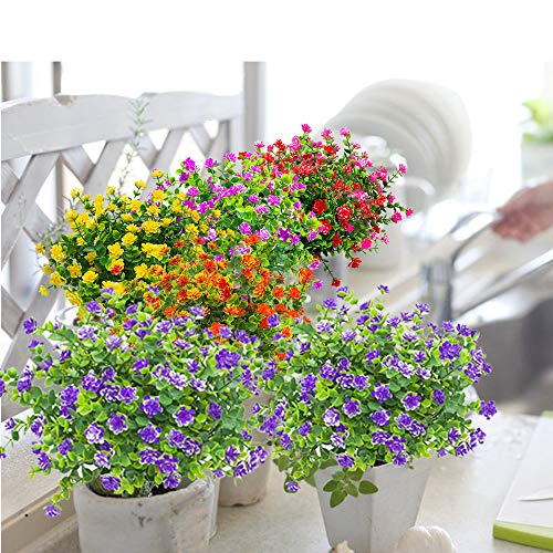Grunyia 10 Bundles Artificial Fake Flowers, Faux Outdoor Plastic Plants UV Resistant Shrubs Outside Indoor Decorations (Blue-Eucalyptus) - color: Blue-eucalyptus