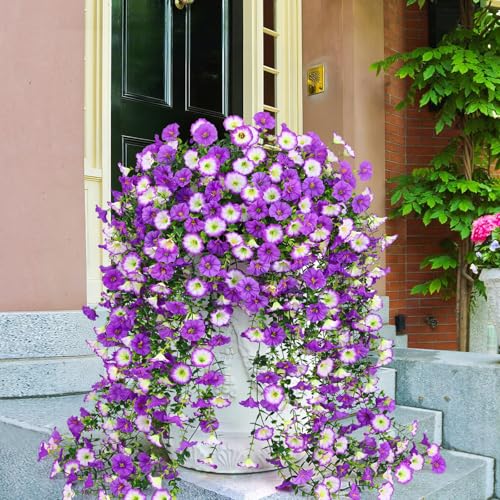 Artificial Hanging Flowers for Outdoors, Fake Hanging Flowers for Decoration, UV Resistant Artificial Outdoor Plants, 2 Pcs Morning Glory for Outdoors Garden Patio Porch Yard Decor, Purple&Purple Edge - color: Purple&purple Edge, size: 2 Pack