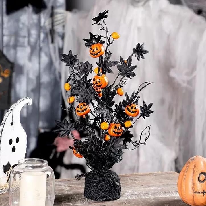 Boxalls Halloween Flowers Decorations Indoor, Artificial Pumpkin Maple Leaf Floral Stems Sets with Base 17.5 Inch Table Freestanding, Fake Branches Plants Arrangements Picks for Home Party Decor
