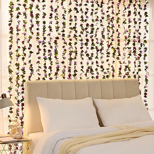 BLEUM CADE 12Pcs 98.4Ft Flower Garland Artificial Rose Vines with 98.4Ft String Lights, Cute Fake Hanging Flower Vines Floral Garland Decorations for Wedding Party Wall Room Decor Aesthetic - color: Purple With Lights, size: 12 Pcs