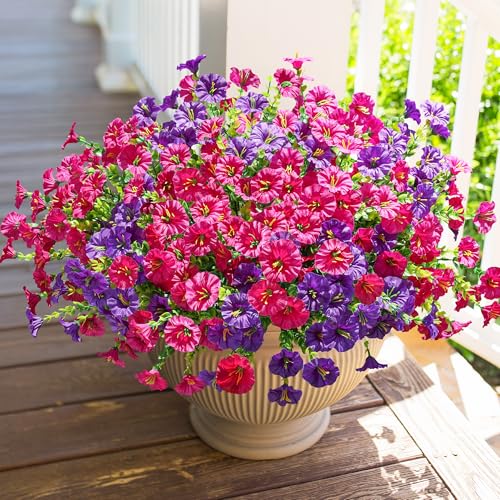 HyeFlora Artificial Flowers for Outdoors Fake Plants Outside Decoration, 12 Bundles Silk Colorful Morning Glory with Eucalyptus UV Resistant Realistic Faux Flowers for Planter Porch Patio Yard Garden - color: Purple Fuchsia