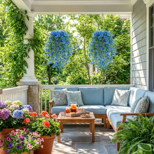 Suncalla 4 Pcs 30In Artificial Hanging Flowers for Outdoor Planter 156 Branches Trailing Faux Potted Plant Fake Floral UV & Fading Resistant for Wedding Patio Spring Summer Decor(Blue) - color: Blue