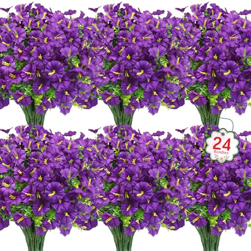 Ouddy Decor 24 Bundles Artificial Flowers for Outdoors Decoration Fake Silk Morning Glory Flowers Faux Eucalyptus Plants UV Resistant for Porch Patio Garden Spring Summer Home Decor, Purple - color: Purple