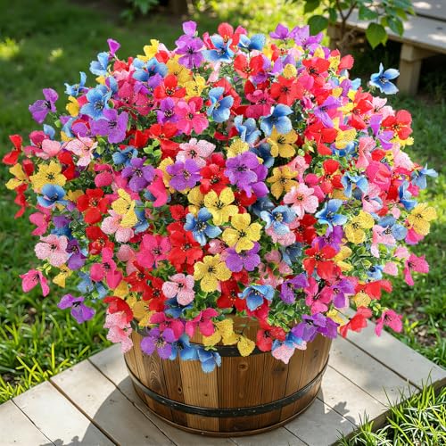 SHareconn 20 Bundles Artificial Flowers Outdoors Decoration, Fake Silk mums Eucalyptus Realistic UV Resistant Faux Plants for Outside Indoor Planter Porch Yard Home Spring Decor, 6 Colors incl. Pink - color: Redrosypurpleyellowpinkblue