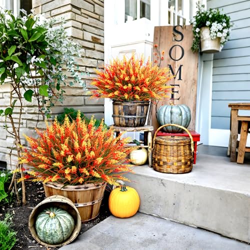 Artificial Fall Flowers for Outdoors, 24 Bundles Lavender Fake Mums Plants UV Resistant Plastic Faux Flowers with Monkey Grass for Home Porch Garden Planters Window Box Autumn Thanksgiving Decorations - color: Orange, size: 24 Bundles