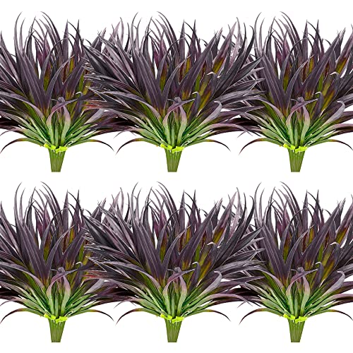 16pcs Artificial Plants Outdoor Flowers UV Resistant Fake Tall Grass Plants Faux Tropical Shrubs Plastic Greenery Bushes Front Porch Patio Garden Outside Decoration (Purple) - color: Dark Purple Grass Plant, size: 16 Pcs