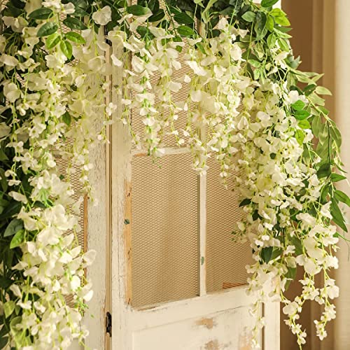 Veryhome 3Pcs 7.2Ft/Piece Artificial Flowers Wisteria Garland Artificial Wisteria Vine Hanging Flower Greenery Garland for Home Garden Outdoor Wedding Arch Floral Decor (White) - color: White