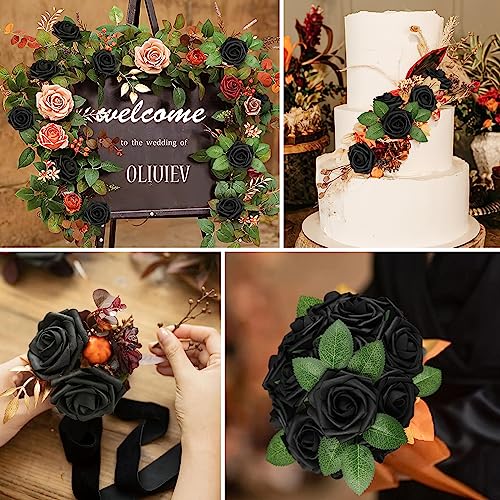 AmyHomie Artificial Flowers Black Rose 25pcs Real Looking Fake Roses w/Stem for DIY Wedding Bouquets Centerpieces Arrangements Party Baby Shower Valentines Day Christmas Tree Decorations - color: Black