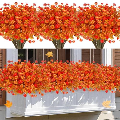 12 Bundles Artificial Fall Flowers for Outdoors Fall Thanksgiving Decorations, UV Resistant Fake Mums Faux Fall Plants Plastic Greenery Shrub Home Porch Gardens Autumn Decor(Brown Eucalyptus Flower) - color: Brown Eucalyptus Flower, size: 12 Bundles
