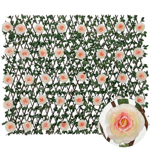 Expandable Fence Privacy Screen with Artificial Flower, Greenery Expandable Stretchable Covers Panel Privacy Fence for Balcony Patio Garden, Single Sided Leaves (Pink Rose, 1 Pack) - color: Pink Rose, size: 1 Pack