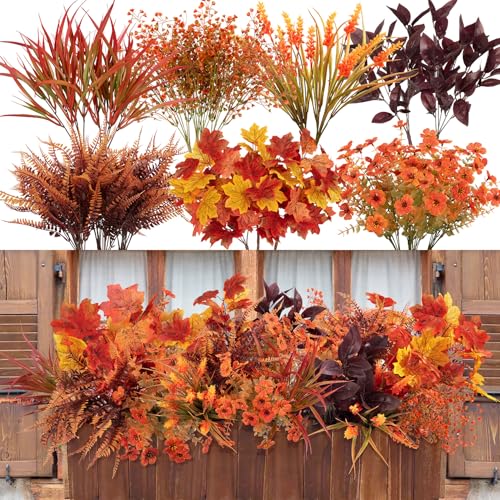 Ouddy Decor 24 Bundles Artificial Fall Flowers for Decorations, Fake Mums Fall Decorations Outdoor UV Resistant Plastic Flowers for Indoor Outside Autumn Thanksgiving Garden Yard Window Box Home Decor - color: Orange Red