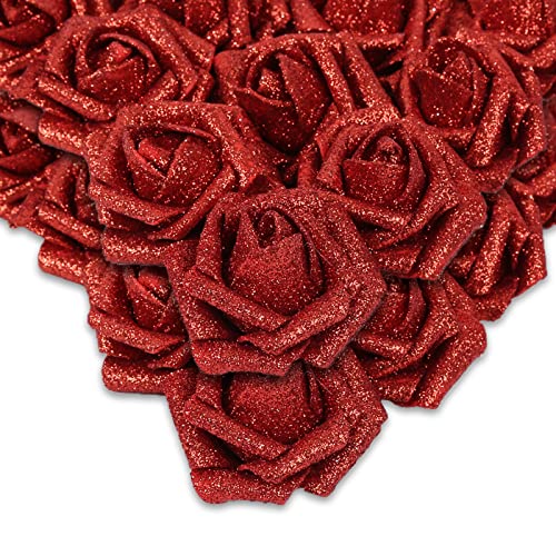 IPOPU Artificial Flowers,50pcs Red Sparkly Roses Glitter Flowers Bling Artificial Roses with Stem for DIY Wedding Bridal Bouquet Home Party Decoration(Red) - color: 50pcs Red