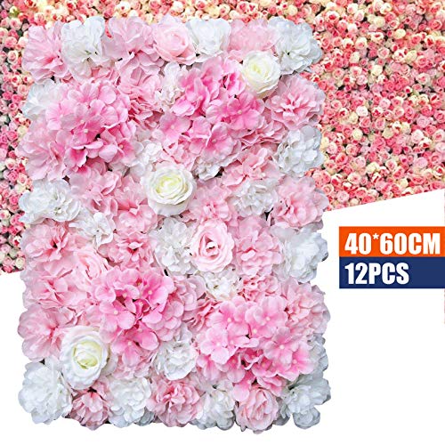 Artificial Silk Flower Wall, 12pcs Dark Pink and White, Wedding & Candy Wall, 23.62 x 15.74in - color: Dark Pink and White