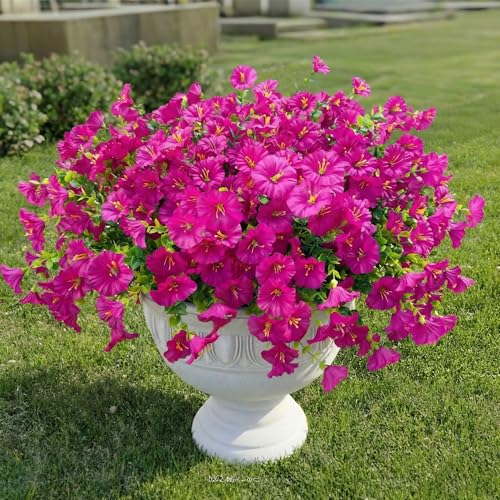 Artificial Flowers for Outdoors Spring Summer Decoration, 16 Bundles Fake Silk Realistic Morning Glory UV Resistant Faux Plastic Plants for Planter Front Door Porch Patio Yard (Fuchsia) - color: Fuchsia