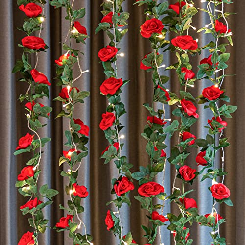 4 Pack (32FT) Artificial Rose Vine Fake Flowers Garland Hanging Silk Rose Ivy Plants Vine for Mother's Day Wedding Arch Party Wall Indoor and Outdoor Aesthetic Art Décor (Red) - color: Red