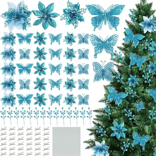 Thiccywoov 122 Pcs Christmas Glitter Poinsettia Artificial Flowers Berry Picks Butterfly Christmas Tree Ornaments 3 Styles Poinsettia kit with Clip for Xmas Wreath Home Tree Decor (Lake Blue) - color: Lake Blue