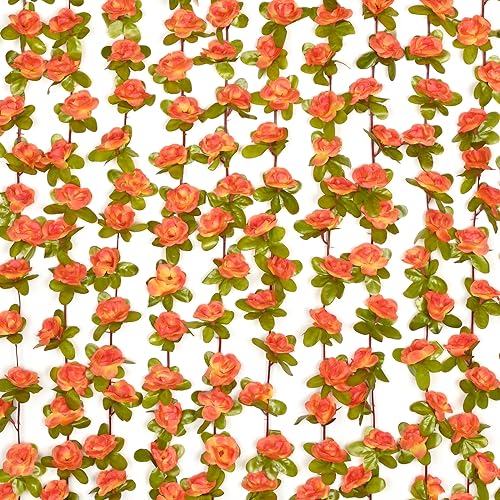 BLEUM CADE 5Pcs 41Ft Flowers Garland Artificial Rose Vines for Bedroom, Cute Fake Hanging Flower Vines Floral Garland Decorations for Wedding Party Wall Room Decor Aesthetic - color: Orange, size: 5 Pcs