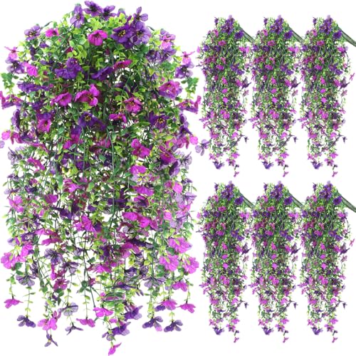 6 Pcs Spring Artificial Hanging Flowers Outdoor Faux Silk Mum Plant Decor Violet with Eucalyptus Realistic UV Resistant Trailing Vine Spring Porch Yard(Purple,Violet) - color: Purple, style: Violet