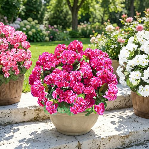 Fake Geraniums Artificial Flowers for Outdoors Outside, 6 Bundles Fuchsia Silk Geraniums Fake Flowers Plants Realistic UV Resistant Faux Flowers for Outdoor Planters Garden Balcony Yard Porch Indoor - color: Fuchsia