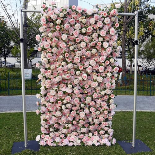 Artificial Flower Wall Panels 4Ft x 8Ft, 5D Silk Wedding Flower Wall, Photo Booth Flower Backdrop for Wedding, Baby Shower & Bridal Shower Decor - size: 4x8 ft Pink-Panel Only