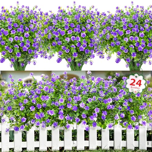 Ouddy Decor 24 Bundles Artificial Flowers for Outdoors Decoration Fake Flowers UV Resistant Faux Plastic Greenery Eucalyptus Plants for Spring Summer Garden Patio Indoor Outdoor Home Decor, Purple - color: Purple