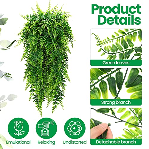 Lyrow 8 Pcs Artificial Hanging Plants 32 in Fake Plant Fake Boston Ferns Plastic Faux for Wall House Room Garden Wedding Garland Indoor Outdoor Decoration, No Basket