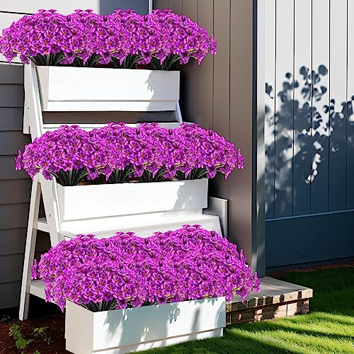 Kinisty 20 Bundles Outdoor Artificial Flowers UV Resistant with Purple Faux Silk Flowers and No Fade Fake Plastic Plants for Spring Summer Outside Planters Porch Window Box Garden Decor - color: Violet