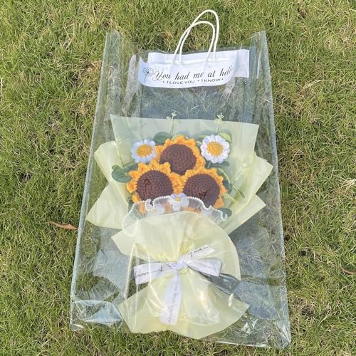 Completed Yellow Crochet Flowers Bouquet, Handmade Knitted Bouquet, Crochet Artificial Flowers of Sunflowers + Daisy for Mother's Day Birthday, Wedding Home Decor, Gifts for Mom (Sunflowers) - style: Sunflower