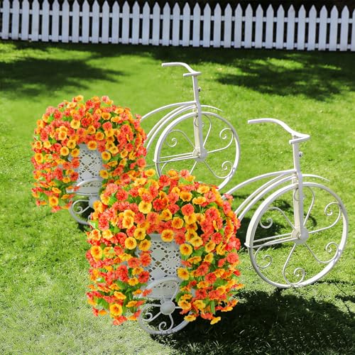 INXUGAO Artificial Fake Hanging Flowers Plants for Outdoor Decoration, 2PCS Faux Silk Morning Glory Long Vines Stems UV Resistant Look Real for Spring Summer Outside Home Porch Patio, Orange Yellow - color: Orange