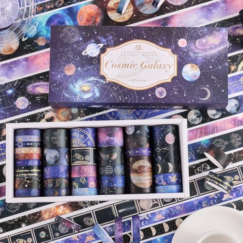 32 Rolls Washi Tape Set, Gold Foil Galaxy Decorative Masking Tape Constellation, Stars, Celestial, Adhesive Tape for Bullet Journal, Diy Craft, Scrapbooking Supplies, Gift Wrapping, Party Decoration - style: Cosmic Galaxy