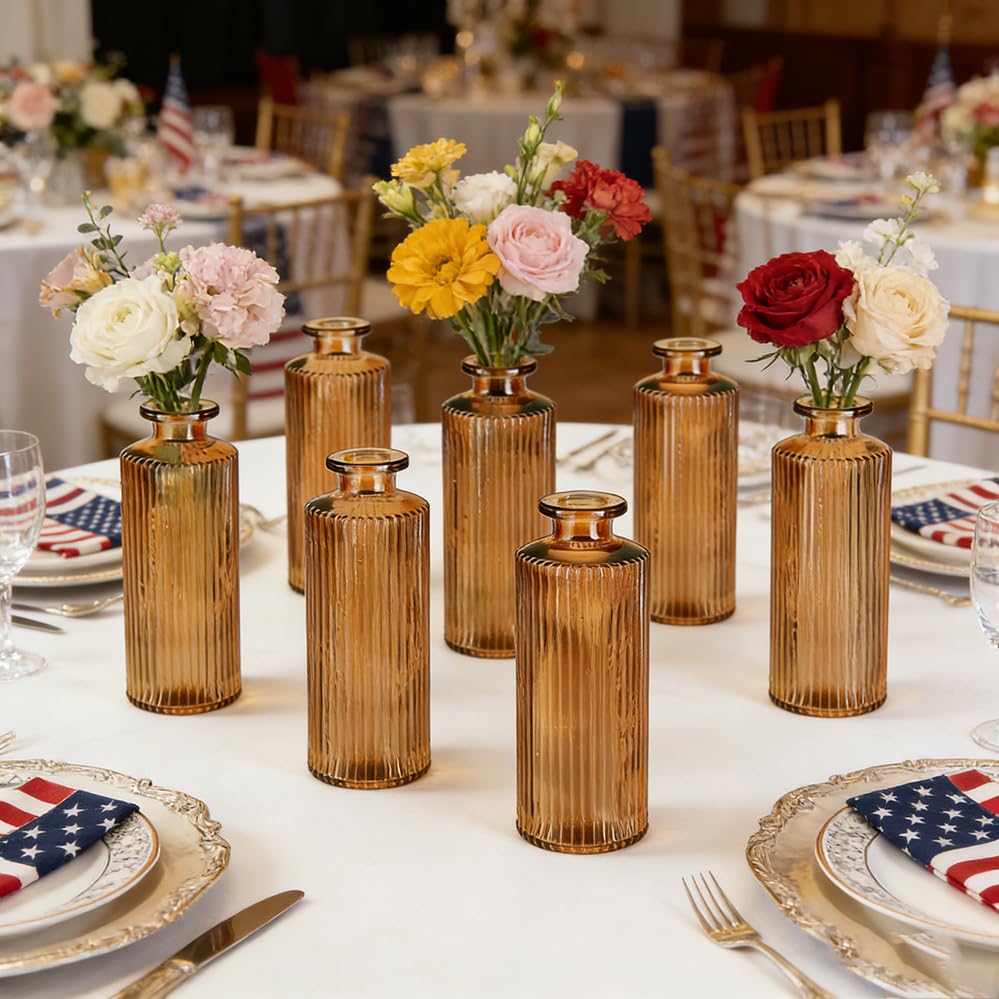 6 Pack Glass Bud Vase Set, Small Flower Vase Set Bud Vases for Wedding Centerpiece Table Decor, Vintage Small Vases for Room Home Dining Party Table Center Decor (Amber Set, 6 Pack) - color: Amber Set, size: 6 Pack