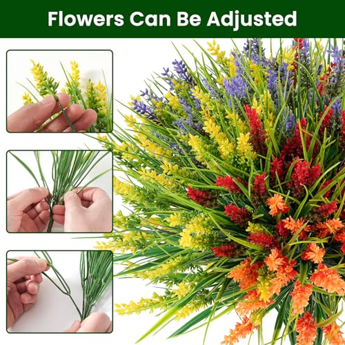 20 Bundles Artificial Plants Outdoor, UV Resistant Fake Flowers, Realistic Faux Lavender Shrubs for Porch Garden Window Box Home Decoration (Yellow Lightpurple Red Orange) - color: Yellow Lightpurple Red Orange