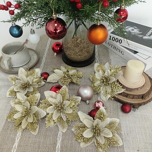 30Pcs Gold Poinsettias Flowers Artificial with Clips, 5.5" Glitter Artificial Flower Poinsettia Decorations Christmas Tree Flower for Xmas Wreath Garland Home Decor (30, Gold)
