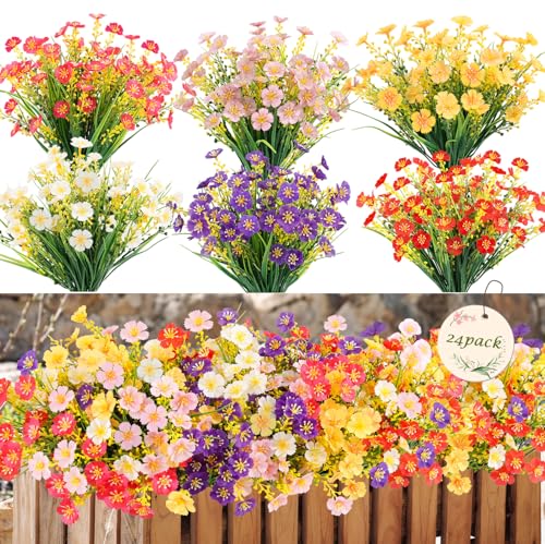 MACTING 24 Bundles Artificial Flowers for Outdoors UV Resistant Fake Flowers No Fade Faux Plastic Plants for Planters Patio Porch Yard Window Home Outside Garden Summer Decorations(Mix Color) - color: Mix Color 1, size: 24PCS