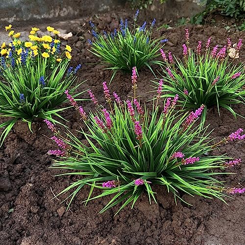 alyptus 12 Bundles Artificial Plants Outdoor Fake Monkey Grass with Flowers for Pot Garden Verandah Decor (Pink Flowers) - color: Pink