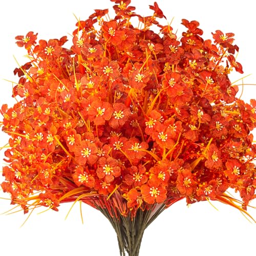 Grunyia 20 Bundles Artificial Fall Flowers Outdoor,No Fade Fake Plastic Flowers,Faux Autumn Plants for Indoor Outside Garden Porch Window Box Home Wedding (Fall Orange) - color: Fall Orange