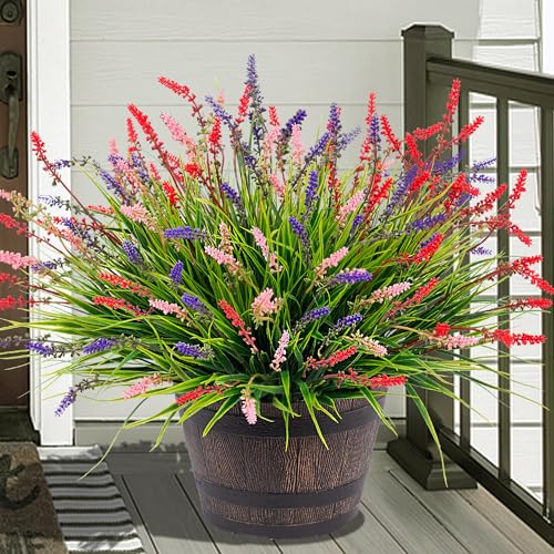 Artificial Faux Plants Flowers for Outdoor Decorations, Fake Monkey Grass for Outside Porch Patio, No Fade Realistic Greenery Plant, UV Resistant Artificial Bush Shrubs for Courtyard Window Garden - color: Red Pueple Pink, size: 12 Pcs